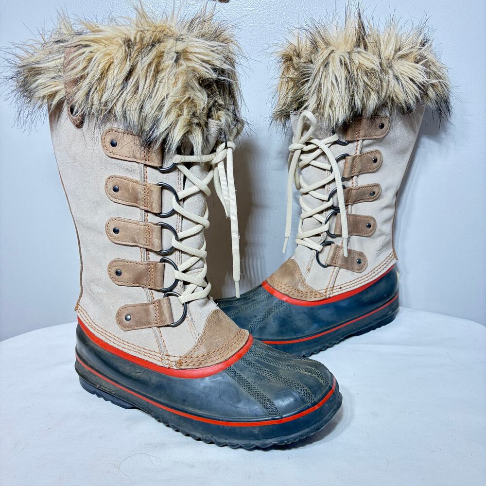 Sorel Boots Joan of Arctic Cream Suede Waterproof Lace Up Faux Fur Winter Snow 9